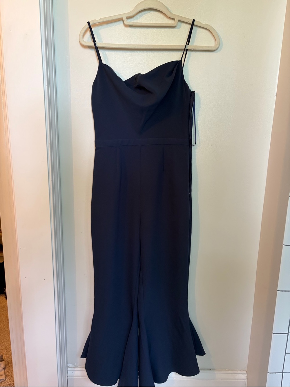 Likely Navy Satin Cowl-Neck Jumpsuit